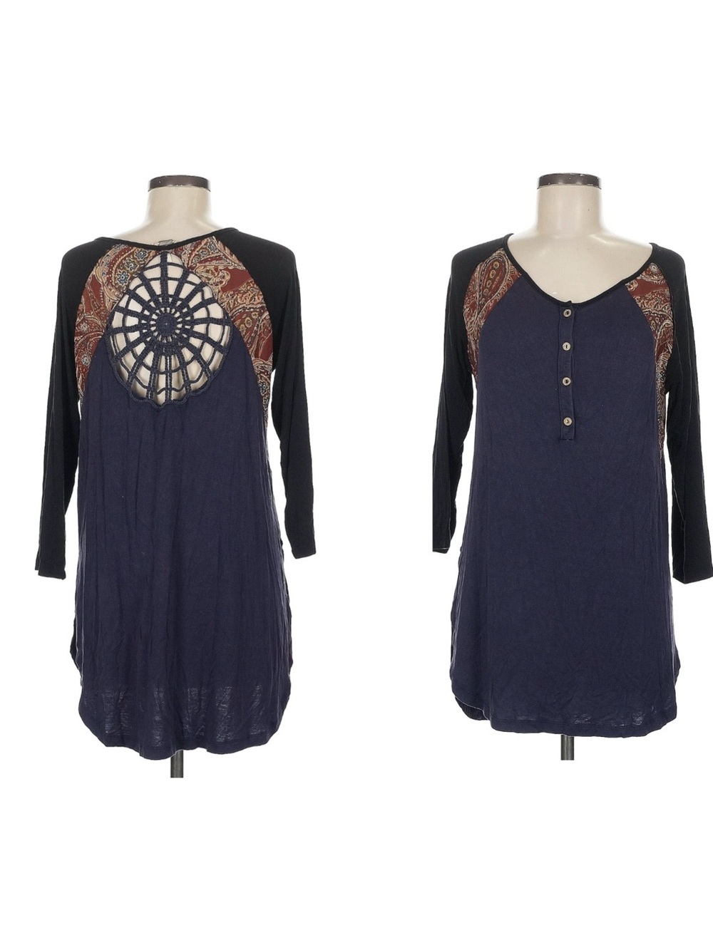 Gimmicks by BKE Boho Navy Top with Crochet Back Cutout and Paisley Accent